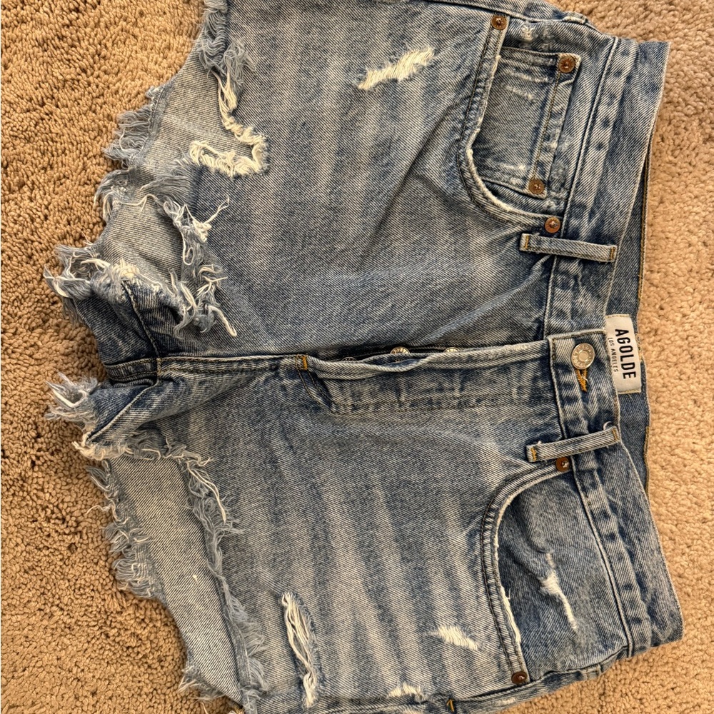 Agolde Frayed Hem Jean Shorts - Light Blue